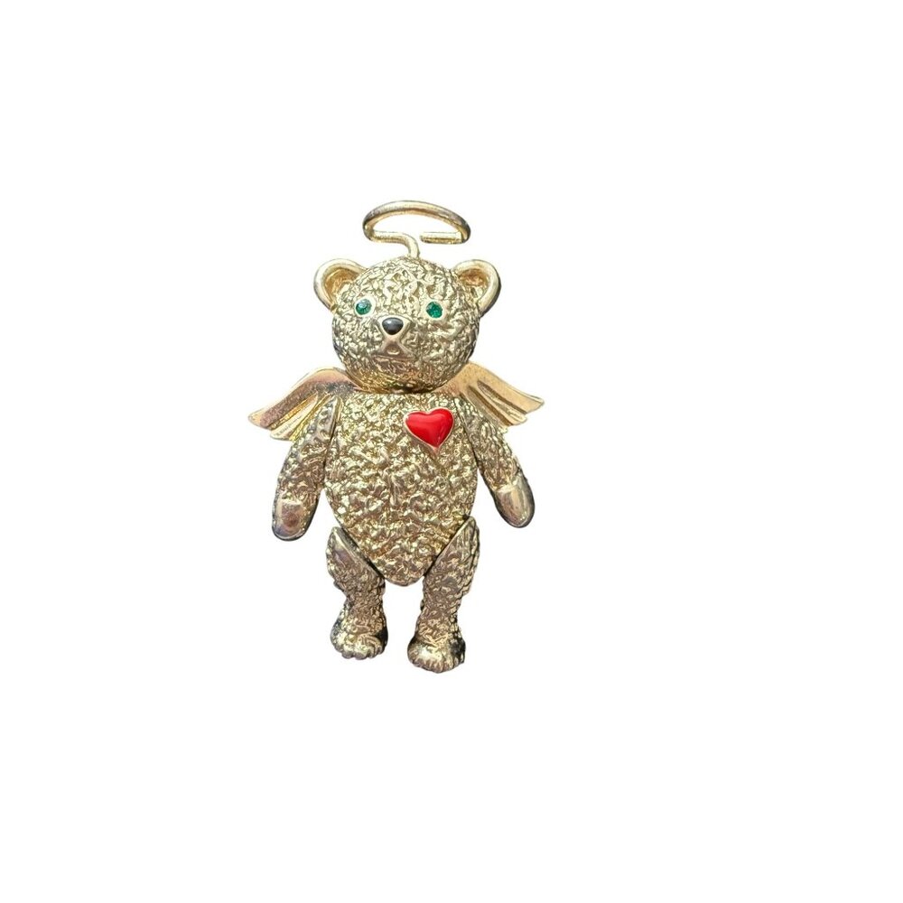 Vintage Gold Tone Angel Teddy Bear Pendant With Red Heart & Green Eyes Signed Ba